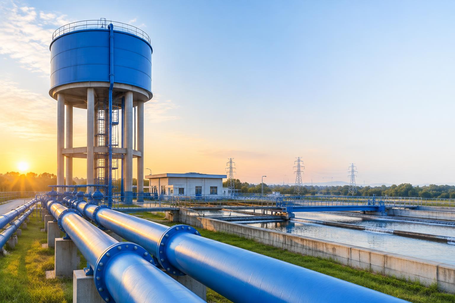 Blue water tower and pipelines at a utility treatment plant at sunrise